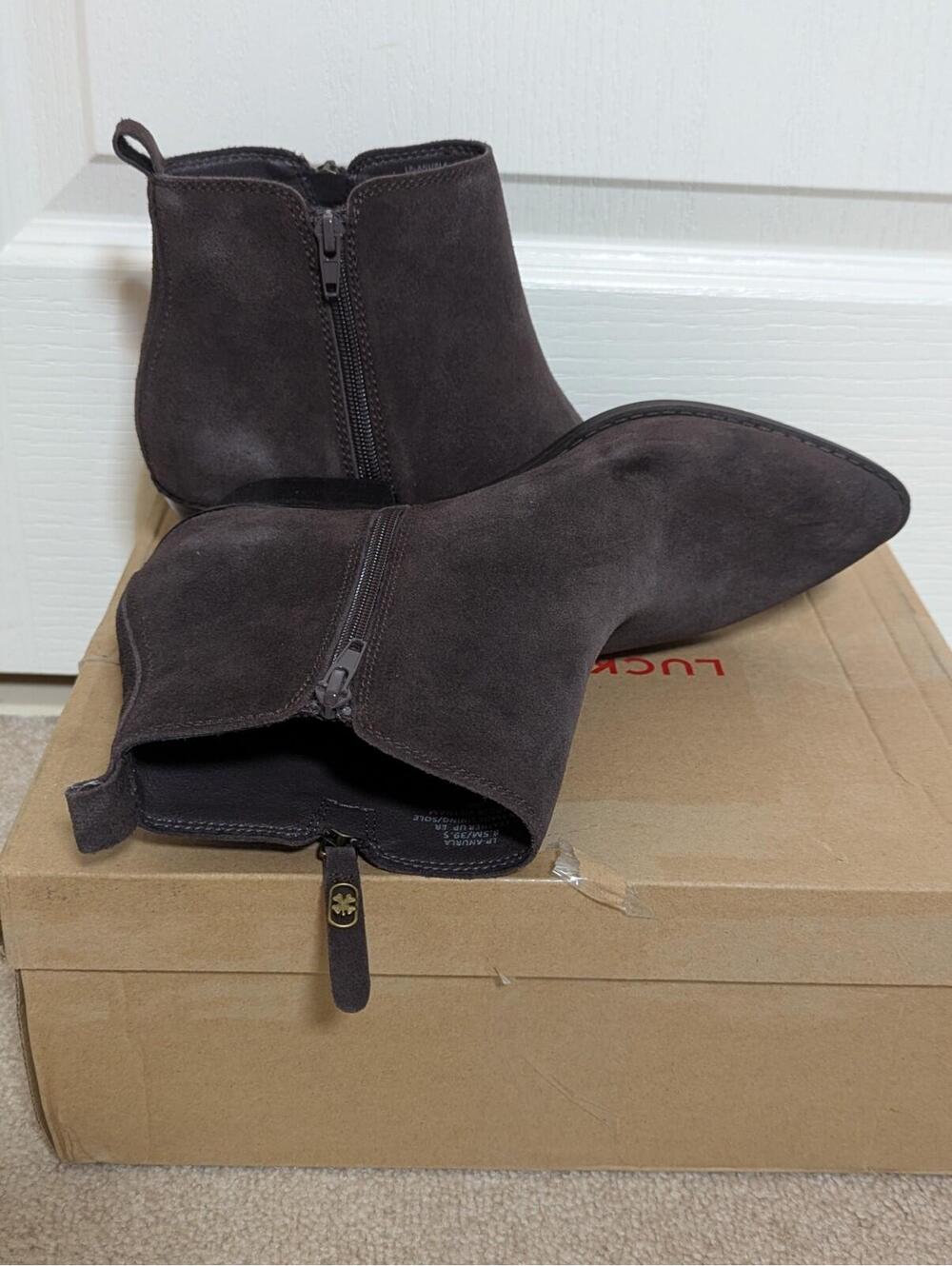 Women's Lucky Brand LP-Anurla Chocolate Brown Suede Bootie Size 8.5M New In Box